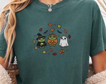 Spooky Cute Frog T-Shirt, Women's Shirt Embroidered Halloween Shirt, 'Tis The Season, Cozy Frog Lover Gift, Comfort Colors 1717
