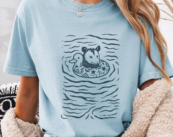 Minimalist Linocut Possum Graphic Tee, Pastel Nature Art, Chill Possum Vintage Shirt, Summer Possum, Possum Chilling Vibes, Comfort Colors