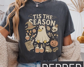 Goose Halloween Cat Ghost Tee, Retro 'Tis The Season Skeleton Pumpkin Ghost Halloween TShirt, Women's Shirt, Unisex Gift Idea, Spooky Tee