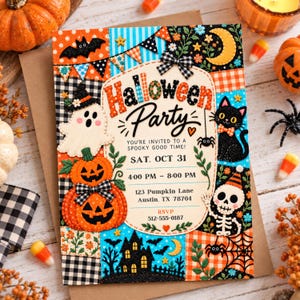 Convite para festa de Halloween infantil - Editável - Convite digital Canva - Fantasma fofo com estampa de abóbora