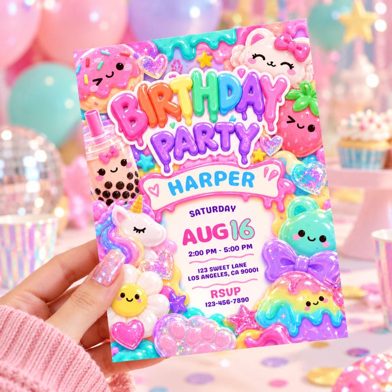 Kawaii Rainbow Birthday Party Invitation, Editable Candy Drip Birthday ...