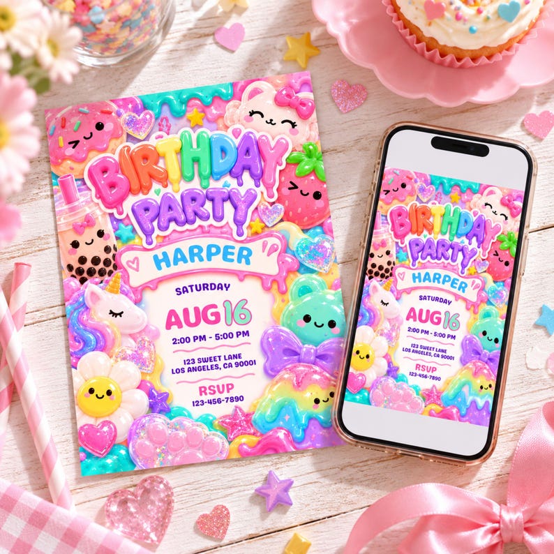 Kawaii Rainbow Birthday Party Invitation, Editable Candy Drip Birthday ...