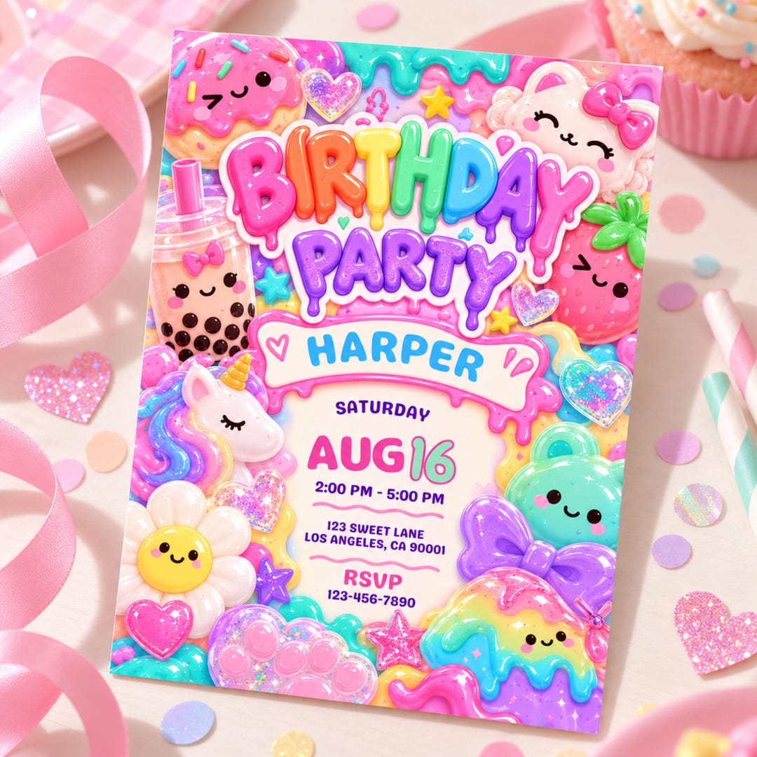 Kawaii Rainbow Birthday Party Invitation, Editable Candy Drip Birthday ...
