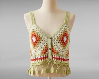 Crochet Cami Top, Colorful Patchwork Fringe Crop Tank
