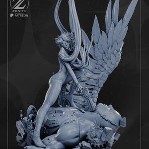 May include: A detailed, gray figurine of a woman with large feathered wings, holding two pistols. The woman is standing on top of a large, muscular figure. The Zenith Patreon logo is in the upper left corner.