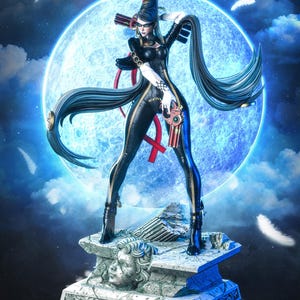 May include: A detailed figurine of a character in a black bodysuit with long, flowing hair, holding a gun. The figure stands on a stone base with a sculpted face, set against a backdrop of a full moon and clouds.