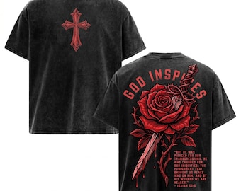 Christian Sword Shirt, Isaiah 53 5 Verse Tee, Gothic Cross Graphic Tshirt, Red Rose Sword Tattoo Top, Acid Wash Faith Apparel, God Inspires