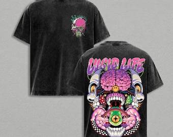 Lucid Life Shirt, Trippy Skull Tee, Psychedelic Brain Tshirt, Y2K Weirdcore Graphic Top, Acid Wash Rave Apparel, Retro Festival Wear