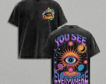Psychedelic Eye Shirt, Trippy Celestial Tee, All Seeing Eye Tshirt, Retro Space Graphic Top, Acid Wash Rave Apparel