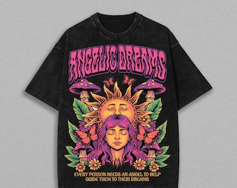 Psychedelic Angel Shirt, Trippy Mushroom Tee, Retro 70s Celestial Top, Angelic Dreams Tshirt, Wavy Cottagecore Graphic, Festival Wear