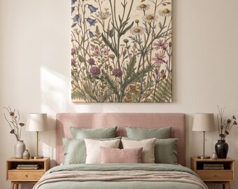 Botanical canvas, Vintage Meadow Wildflower Canva Wall Art,flower home decor Stretched Print