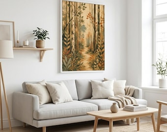 Framed Autumn Forest Path Canvas, Rustic Botanical Wall Art, Earth Tone Nature Print