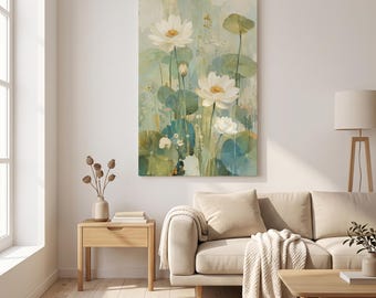 白い睡蓮のキャンバス、日本の花柄植物プリント、すぐに飾れる（縦型）