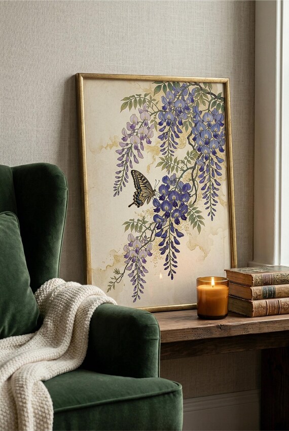 Vintage Wisteria Butterfly Print, Elegant Botanical Nature Artwork (Physical Paper)