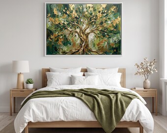 Textured Olive Green Tree of Life Canvas Print, Gold Accents, Above Bed Decor.