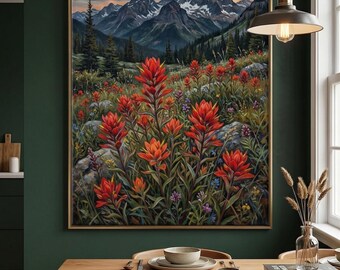 Indian Paintbrush Wildblumenmuster, stimmungsvolle Berglandschaft, vertikale Naturlandschaft