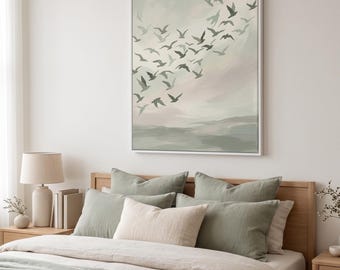 セージグリーンの鳥の群れのプリント、抽象的なミニマリストのウォールアート、スカンジナビアの風景キャンバス