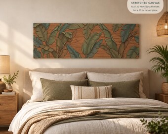 Botanical Tropical Wall Art, Horizontal Canvas Print, Banana Leaf Wall Decor, Green & Terracotta Nature Art, Stretched Canvas Wall Art