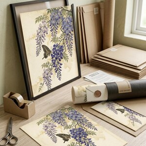 Japanische Wandkunst, Vintage-Druck mit Glyzinien und Schmetterlingen, Botanisches Blumenmuster auf Leinwand, Asiatische Blume Bild 12