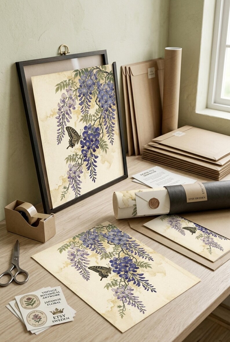 Japanische Wandkunst, Vintage-Druck mit Glyzinien und Schmetterlingen, Botanisches Blumenmuster auf Leinwand, Asiatische Blume Bild 12