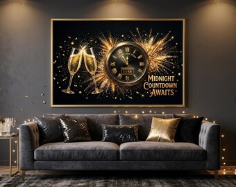 新年のウォールアートプリント、真夜中のカウントダウンポスター、ゴールドシャンパン時計の装飾、デジタルダウンロード