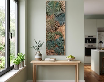 背の高い植物画三連画ウォールアート、木目調、熱帯のヤシの木モンステラ、キャンバス張り