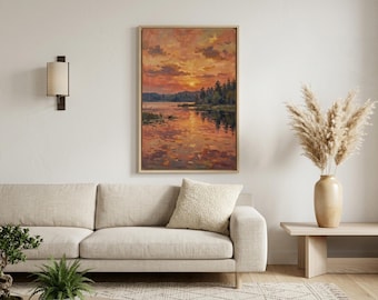 Sunset Lake Landscape Painting, Autumn Waters, Framed Canvas Art (Terracotta Decor)