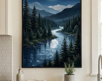 Vollmond-Berglandschaft-Kunstdruck, Glitzernder Fluss bei Nacht, Rustikale Wald-Leinwand-Wanddekoration