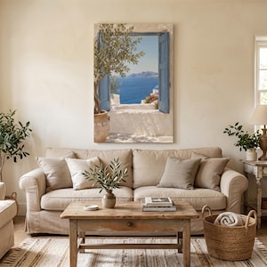 Kunstwerk op gespannen canvas met een mediterrane kustuitstraling, Grieks Egeïsch zeelandschap (canvasprint met olijfboom en terracotta pot).