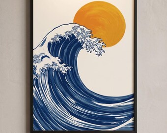Japanese Wave Art ,asian inspired, Minimalist Ocean Sunset Canvas Print, zen home deco.