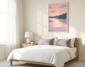 Framed Sunset Lake House Print, Minimalist Nature Wall Art, Pine Forest Decor