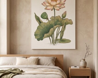 Lotus wall art,Botanical Stretched Canvas Vintage Flower, gift for gardeners,Zen  Print