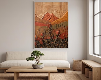 Wildflower Mountain Landscape Matte Canvas Framed | Botanical Mountain Wall Art,