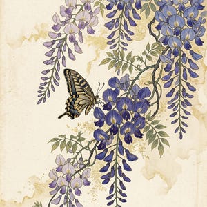 K&ouml;nnte beinhalten: Illustration eines Schmetterlings auf blauen Blauregenbl&uuml;ten. Das Bild zeigt kaskadierende lila Blauregen und gr&uuml;ne Bl&auml;tter vor einem cremefarbenen Hintergrund mit goldenen Akzenten. Botanisches Thema.