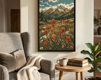 Grand Teton Wildflower Canvas Wall Art, Framed Nature Landscape Print,  Rustic Cabin Decor