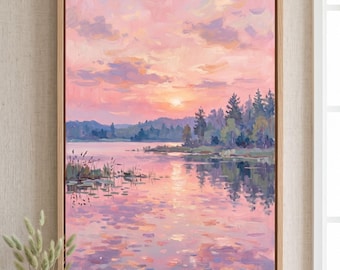Rosa Sonnenuntergang See Gerahmte Kunst - Impressionistische Landschaft