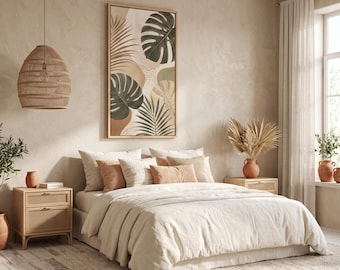 Abstract Botanical Palm Leaf Canvas, Warm Neutral Japandi Wall Art