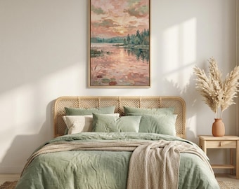 Boho Lake Sunset Canvas Print, Celestial Landscape, Nature Wall Art (Framed)