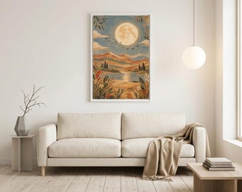 Boho Full Moon Landscape Print, Rustic Mountain River Folk Art Decor (Framed)