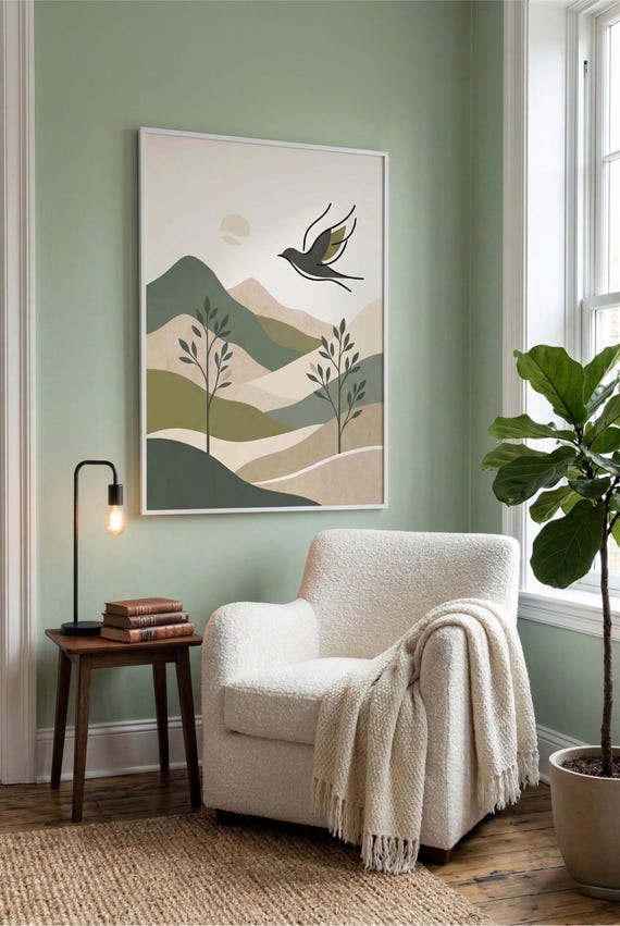 Japandi Wall Art, Minimalist Bird, Print Green Beige Nature Poster