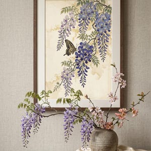 Japanische Wandkunst, Vintage-Druck mit Glyzinien und Schmetterlingen, Botanisches Blumenmuster auf Leinwand, Asiatische Blume Bild 3
