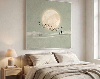 月のキャンバスアート、セージグリーンの鳥のジャパンディキャンバスプリント、ミニマリスト禅風景ポスター