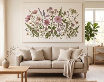 ヴィンテージ風の植物画風野花畑のキャンバスプリント、花束のウォールアート（すぐに飾れます）