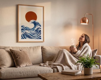 Japanese Wave Canvas Art, Minimalist Red Sun Seascape Print