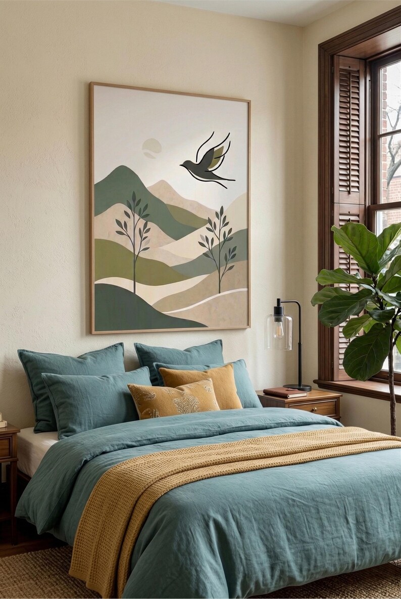 A framed print of a minimalist landscape with green and beige hills, trees, a sun, and a black bird, hangs above a bed with teal and yellow bedding.