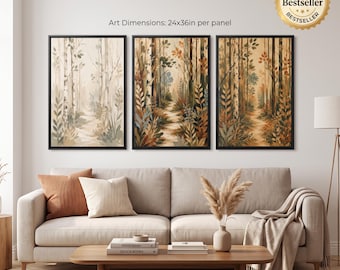 3 piece wall Art, Framed Forest Landscape Triptych, Autumn Path Woodland Decor