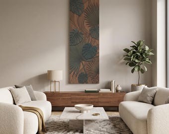 Tropical Botanical Monstera Wall Art, Large Vertical Canvas Print, Monstera Palm Leaf Wall Decor, Green & Wood Tone Stretched Canvas.