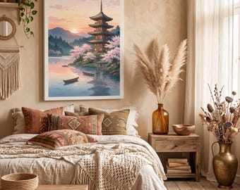 Cherry blossom art, Japanese Pagoda Canvas Wall , Stretched Canva Print, Asian inspired decor