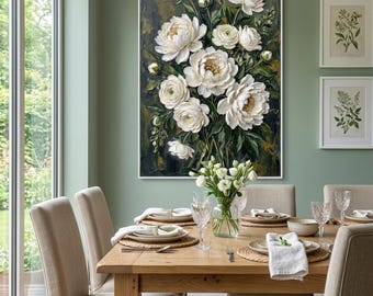 ムーディーホワイトピオニーキャンバスウォールアート - 質感のある花柄ストレッチキャンバスプリント