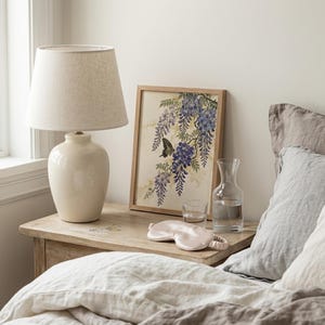 Japanische Wandkunst, Vintage-Druck mit Glyzinien und Schmetterlingen, Botanisches Blumenmuster auf Leinwand, Asiatische Blume Bild 8